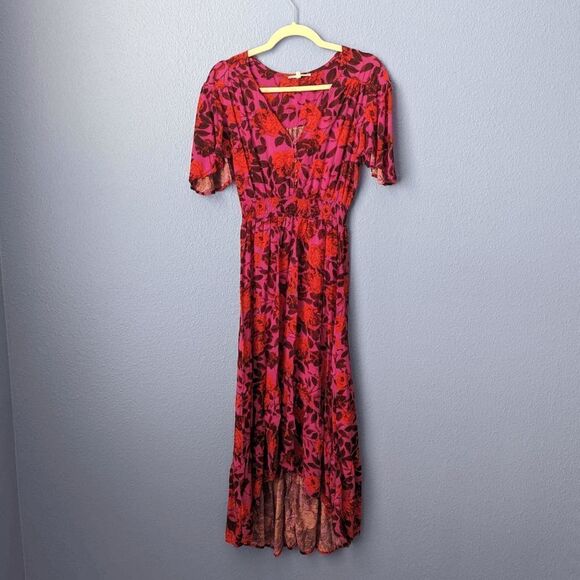 Abel the Label Dress Hi/Low Smocked Flutter Sleeve Red Pink Black Floral XSmall - Picture 2 of 11